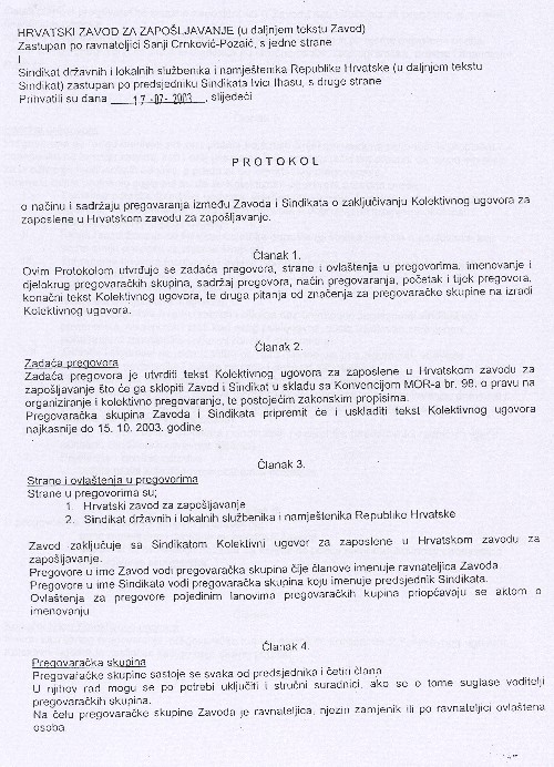 Protokol o načinu i sadržaju pregovaranja između Zavoda i Sindikata o zaključivanju Kolektivnog ugovora za zaposlene u HZZ
