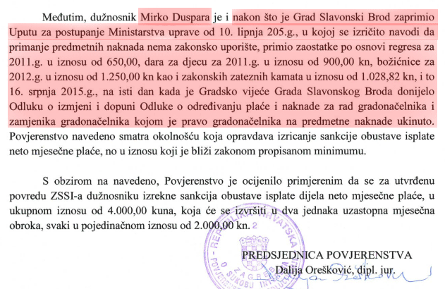 Gradonačelniku Slavonskog Broda razlika materijalnih prava isplaćena nakon što je donio zaključak po kojem na njih nema pravo