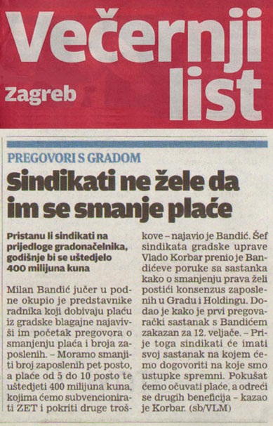 VEČERNJI LIST o pregovorima u Gradu Zagrebu